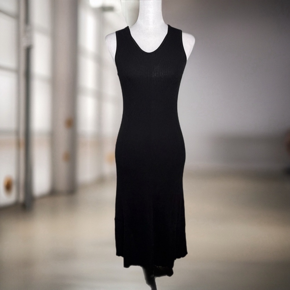 Everlane The Ribbed Black Viscose V-neck Sleeveless Midi Dress Size XS